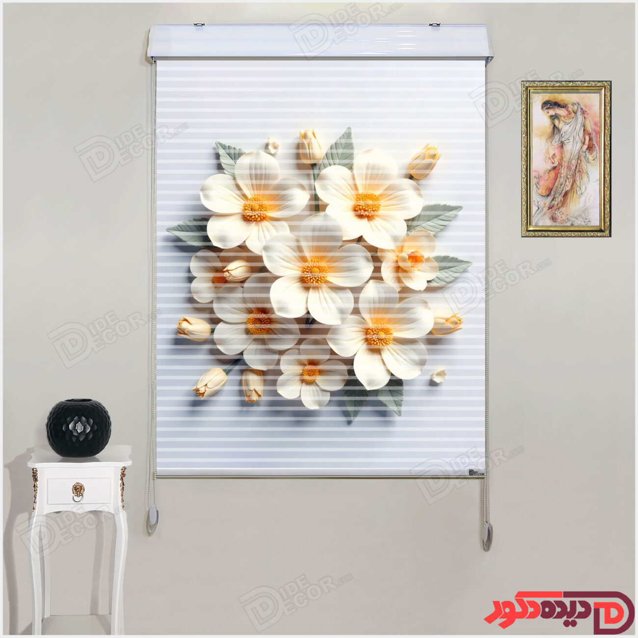 پرده زبرا دومکانیزم کد AZD-30 گل سفید سه بعدی با زمینه آبی روشن مایل به طوسی