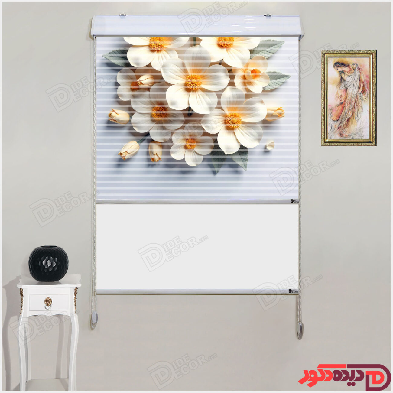 پرده زبرا دومکانیزم کد AZD-30 گل سفید سه بعدی با زمینه آبی روشن مایل به طوسی