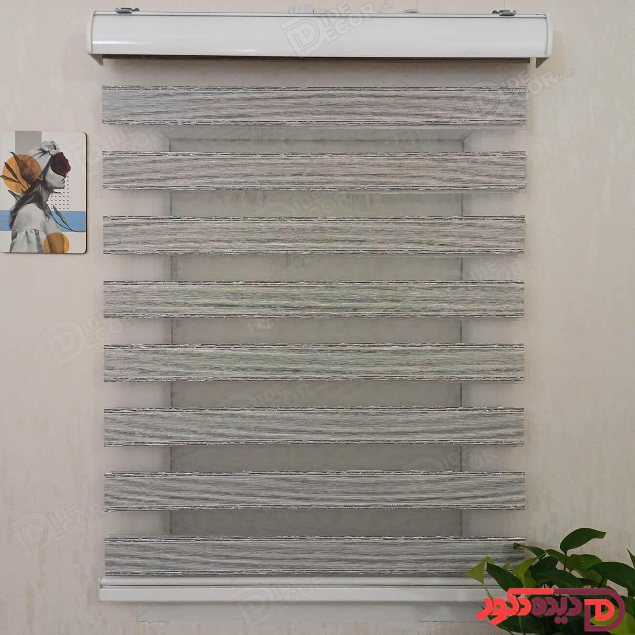 پرده زبرا ساده رنگ طوسی با خط های لمه نقره ای کد B-2016-06