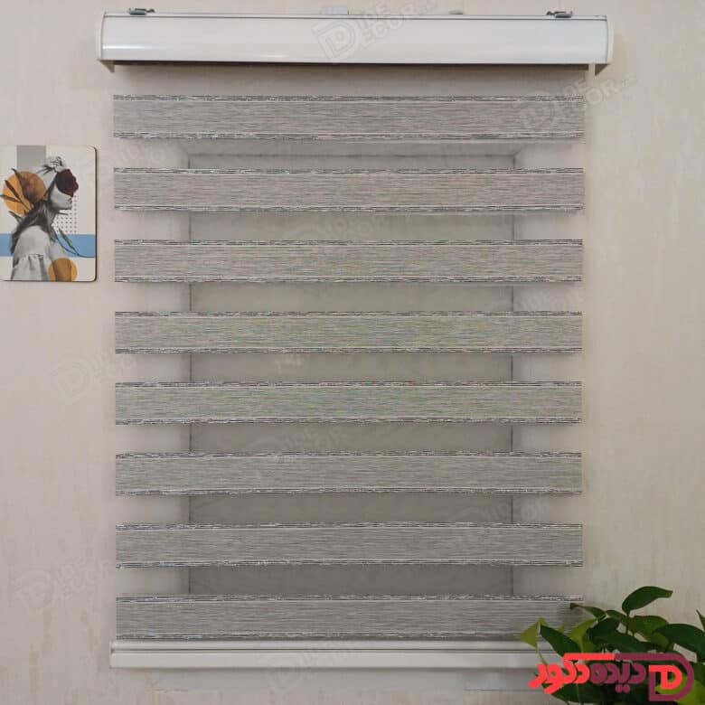 پرده زبرا ساده رنگ طوسی با خط های لمه نقره ای کد B-2016-06