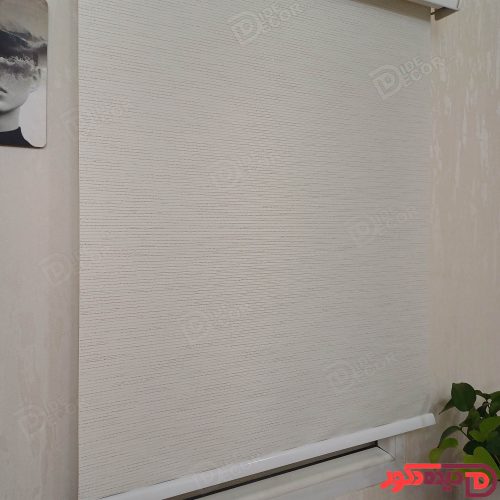 پرده شید سفید شیری با خطوط کرم و سیم دوزی نقره ای کد B-1014-01