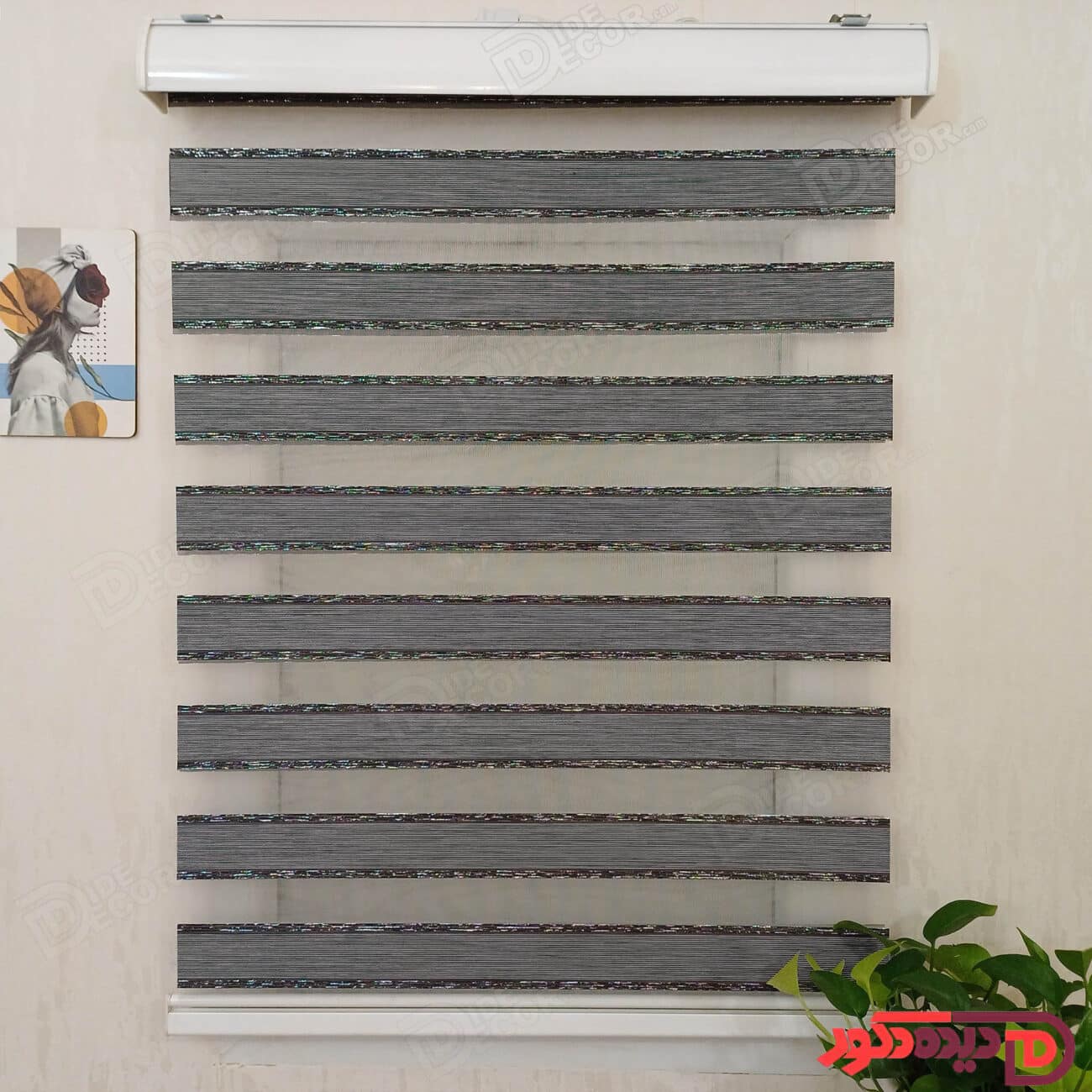 پرده زبرا ساده رنگ مشکی و طوسی و نخ نقره ای براق کد B-2016-07