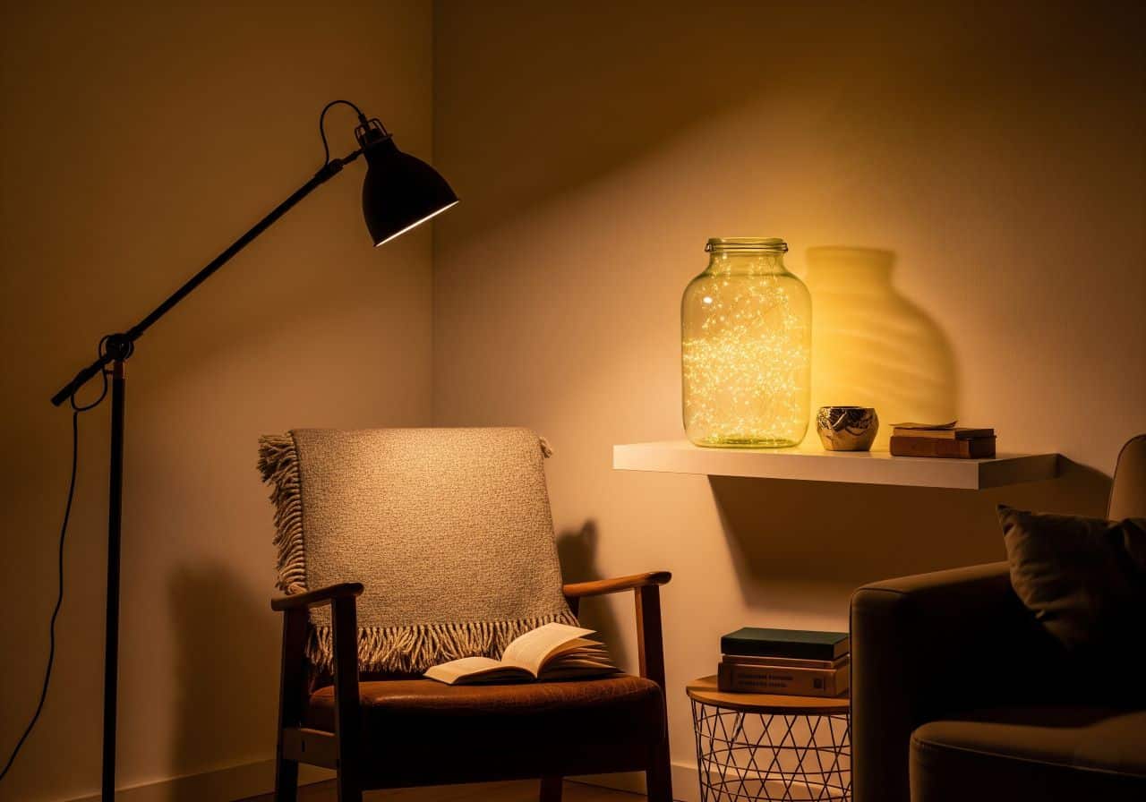 یک گوشه دنج اتاق نشیمن در شب با چراغ مطالعه شیک