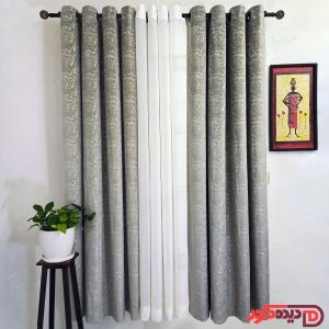 پرده پانچ مخمل طلاکوب طوسی نقره ای با خطوط طلایی کد BR270