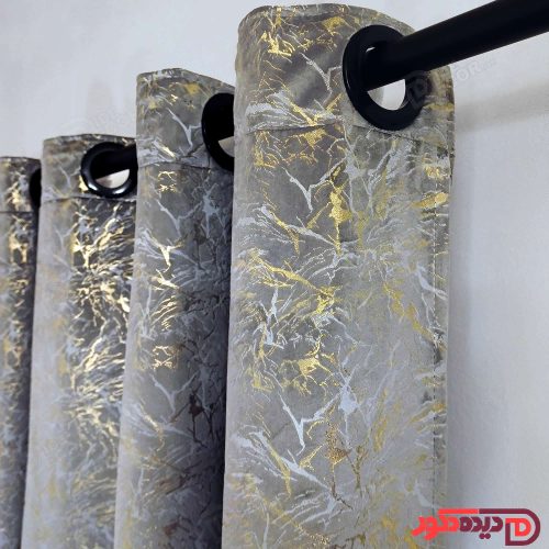 پرده پانچ مخمل طلاکوب طوسی نقره ای با خطوط طلایی کد BR270