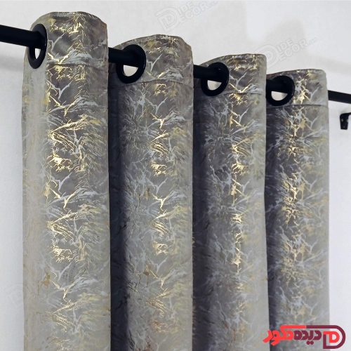 پرده پانچ مخمل طلاکوب طوسی نقره ای با خطوط طلایی کد BR270