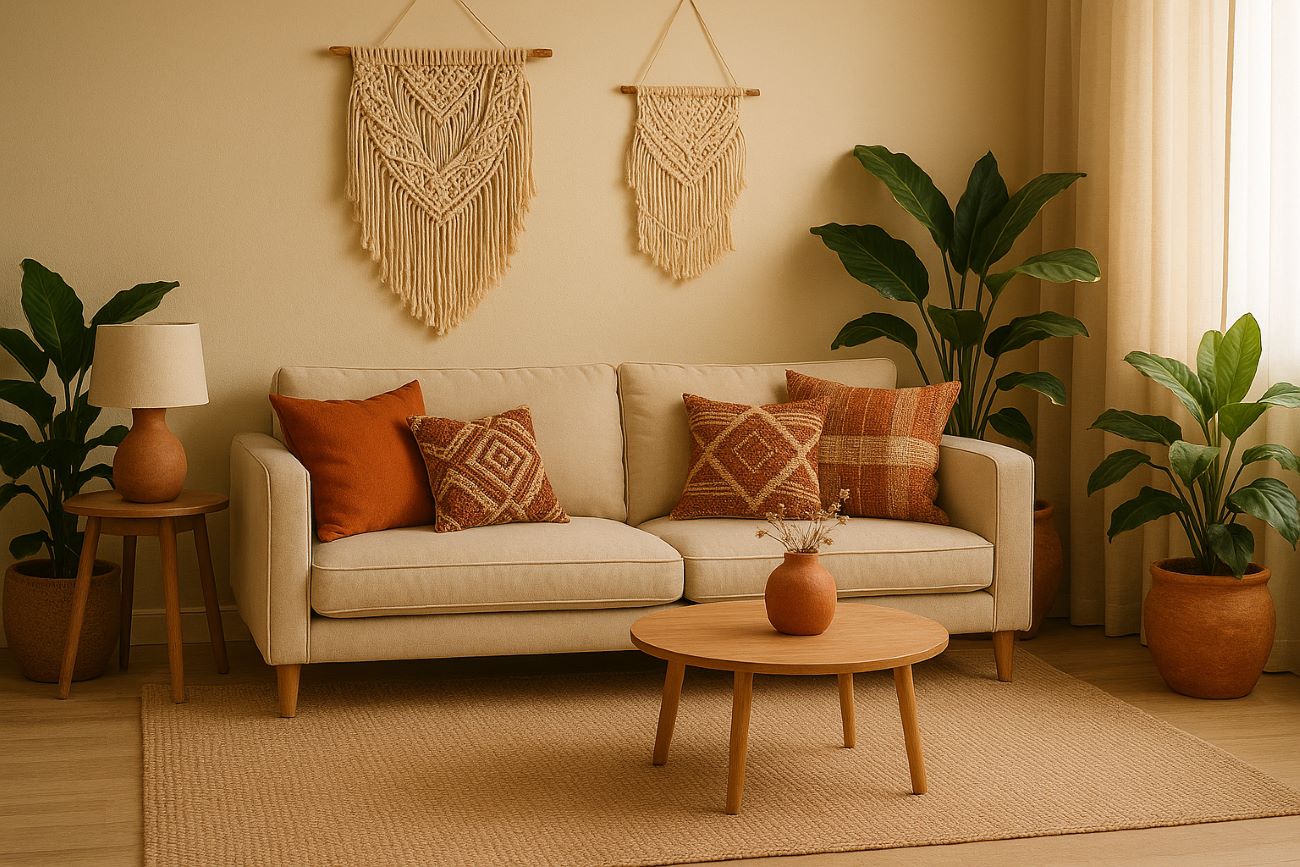 عکس اتاق نشیمن بوهمیایی با سبکی زیبا با تُن‌های خاکی