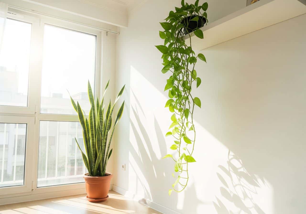 گوشه‌ای روشن و آفتاب‌گیر از اتاق نشیمن ایرانی با گیاهان آپارتمانی (2)