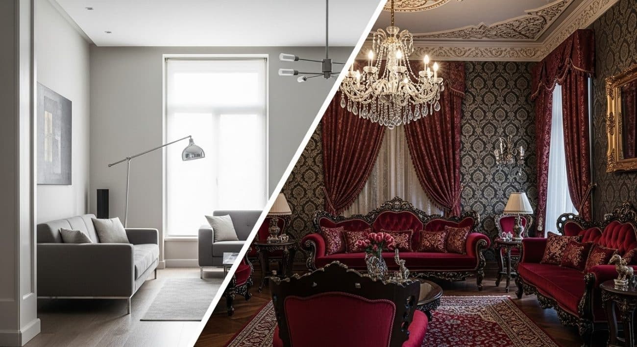 تصویر سمت راست یک دکوراسیون کلاسیک ایرانی و تصویر سمت چپ چیدمان مدرن منزل ایرانی