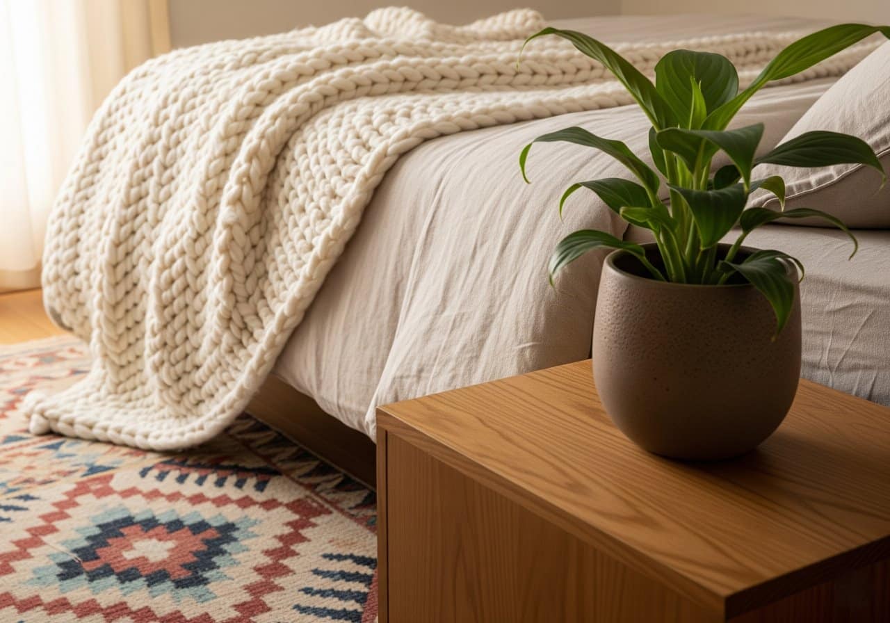 تصویر نمای نزدیک از بافت‌ها در یک اتاق خواب شیک