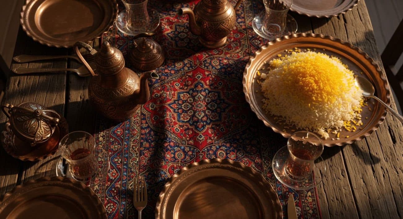 رانر بتهجقه روی میز چوبی با ظروف غذاخوری ایرانی و برنج زعفرانی.