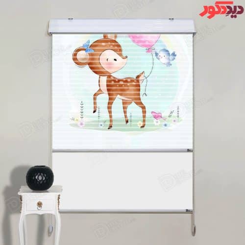 پرده زبرا دومکانیزم اتاق کودک طرح بچه آهو و بادکنک قلبی و گنجشک کد KZD-034 پرده زبرا دومکانیزم اتاق کودک طرح بچه آهو و بادکنک قلبی و گنجشک کد KZD-034