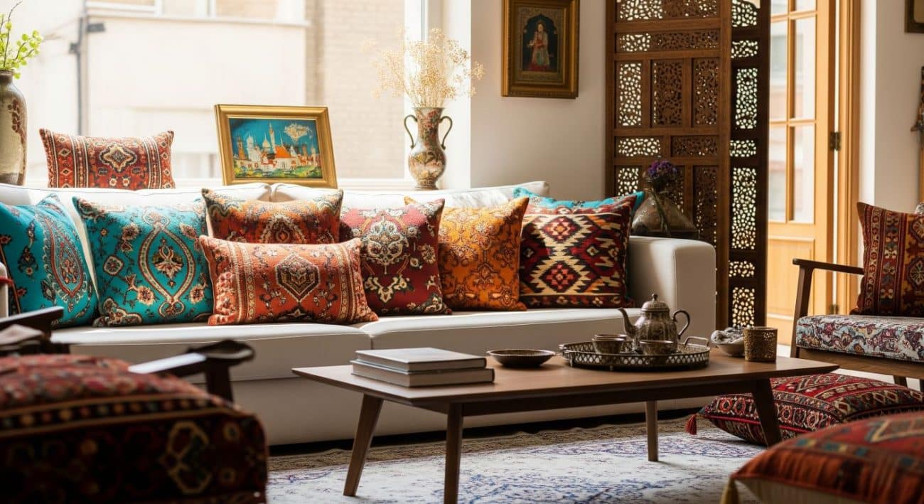 کوسن‌های ایرانی روی مبلمان مدرن با رنگ خنثی، الگوهای اسلیمی و گلیمی در نور طبیعی روز.