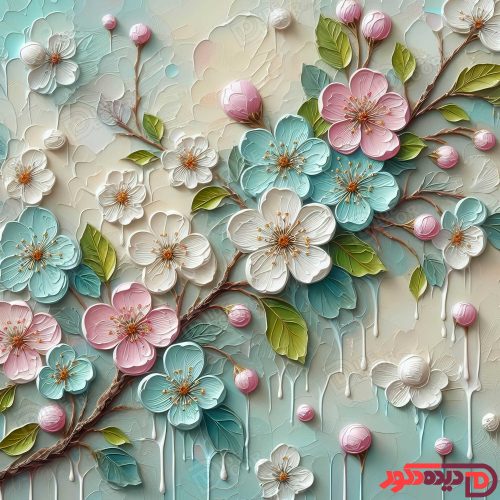 پرده زبرا دومکانیزم چاپی کد AZD-048 با طرح شکوفه‌های برجسته صورتی، سفید و فیروزه‌ای روی زمینه کرم من