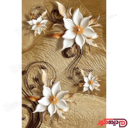 پرده زبرا دومکانیزم چاپی کد AZD-060 با طرح گل‌های سوسن سفید سه‌بعدی و اسلیمی قهوه‌ای روی زمینه کرم‌ط