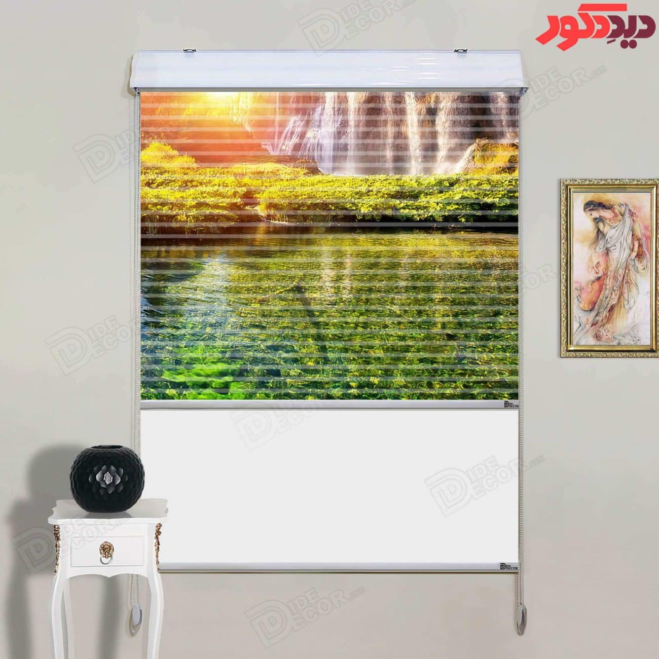 پرده زبرا دومکانیزم کد AZD-131، با طرح زیبا از آبشار و طبیعت سرسبز، شامل رنگ‌های سبز و آبی است.