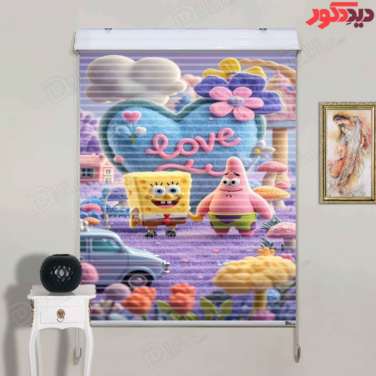 پرده زبرا دومکانیزم با طرح کاراکترهای انیمیشنی بامزه شامل باب اسفنجی و پاتریک، رنگ‌های زرد، صورتی و