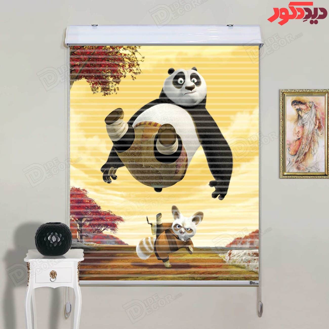 پرده زبرا دومکانیزم کد KZD-045 با طراحی جذاب و رنگ‌های متنوع، شامل شخصیت‌های انیمیشنی پاندای قهرمان