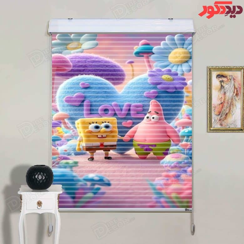 این پرده زبرا دومکانیزم کد KZD-064 با طرح شخصیت‌های انیمیشنی شامل اسفنجی باب و پاتریک و رنگ‌های شادا