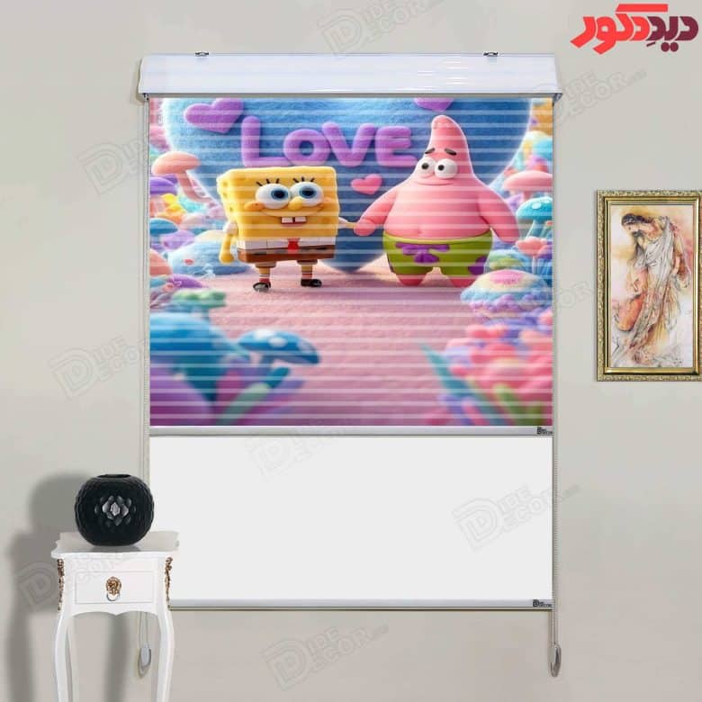 این پرده زبرا دومکانیزم کد KZD-064 با طرح شخصیت‌های انیمیشنی شامل اسفنجی باب و پاتریک و رنگ‌های شادا