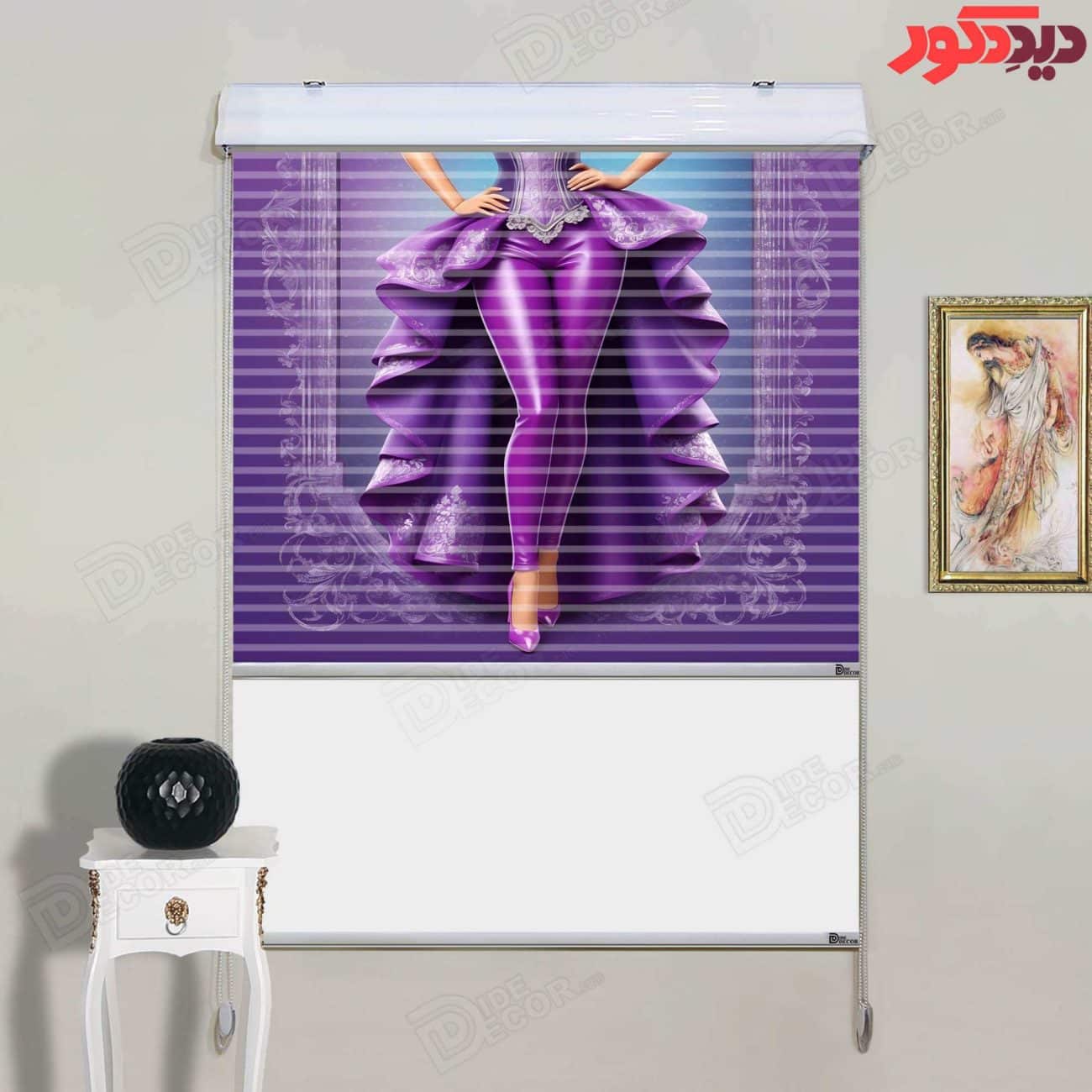 پرده زبرا دومکانیزم کد KZD-068 با رنگ زمینه بنفش و تصویر یک شخصیت انیمیشن در لباس مجلسی، مناسب برای