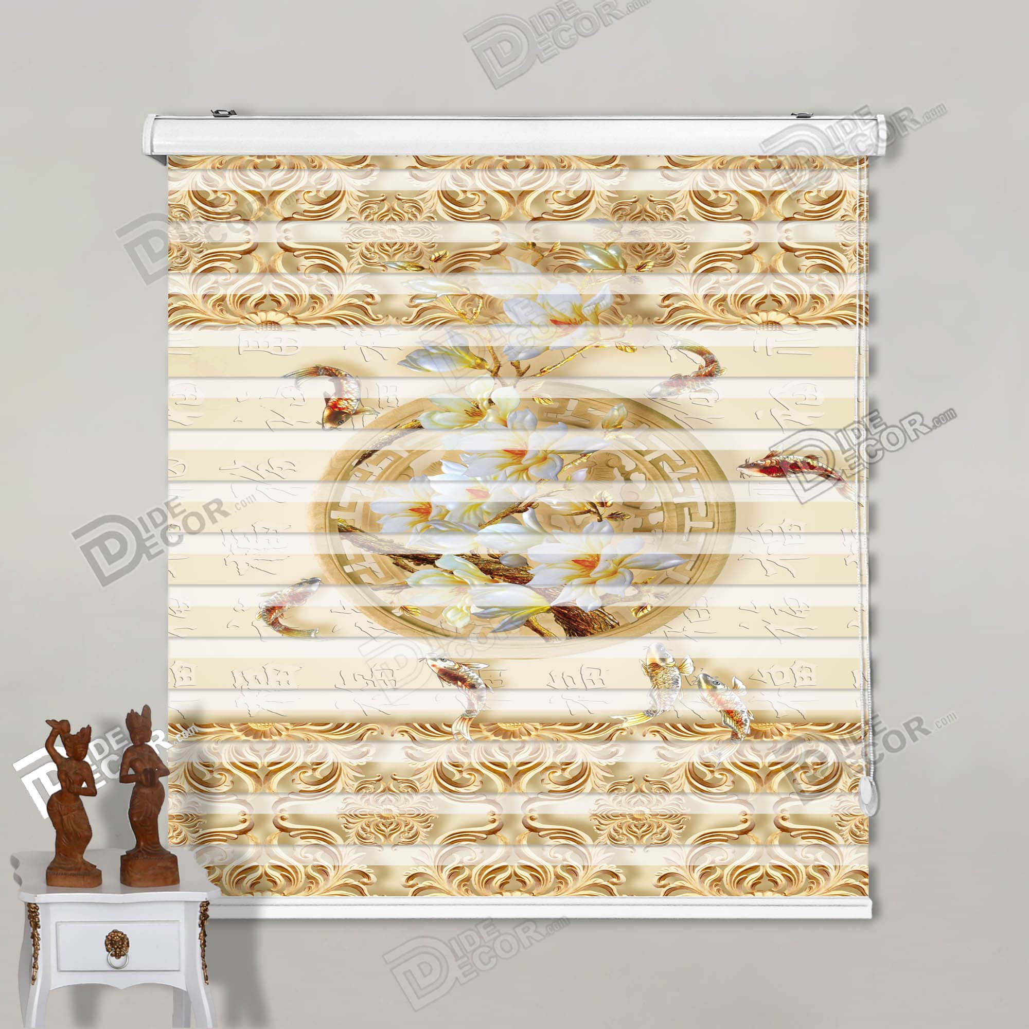 پرده زبرا چاپی و تصویری کد 3DF-4 الهام گرفته از مدل نقاشیهای ژاپنی و چینی با طرح حوض و ماهی همراه با گلهای سفید و زرد، همراه با نقش و نگار کنارههای پرده به رنگ طلائی و کرم و قهوه ای بوده که مناسب آشپزخانه است پرده زبرا چاپی و تصویری کد 3DF-004 الهام گرفته از مدل نقاشیهای ژاپنی و چینی با طرح حوض و ماهی همراه با گلهای سفید و زرد، همراه با نقش و نگار کنارههای پرده به رنگ طلائی و کرم و قهوه ای بوده که مناسب آشپزخانه است