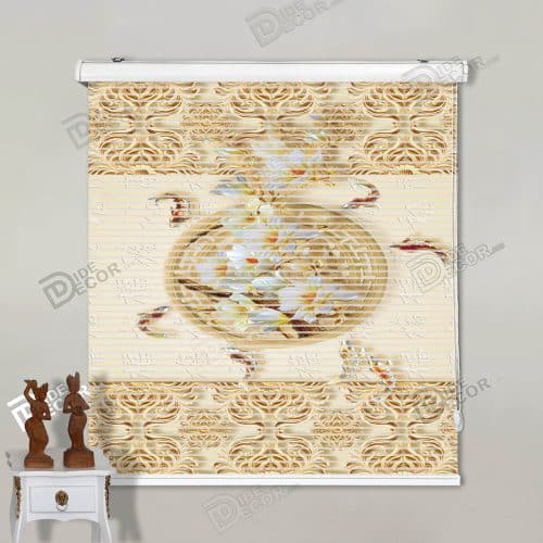 پرده زبرا چاپی و تصویری کد 3DF-004 الهام گرفته از مدل نقاشی‌های ژاپنی و چینی با طرح حوض و ماهی همراه با گل‌های سفید و زرد، همراه با نقش و نگار کناره‌های پرده به رنگ طلائی و کرم و قهوه ای بوده که مناسب آشپزخانه است