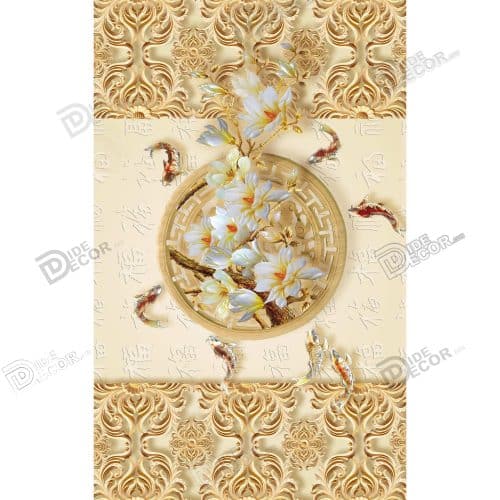 نقاشی‌ ژاپنی و چینی با طرح حوض و ماهی همراه با گل‌های سفید و زرد، همراه با نقش و نگار کناره‌های پرده به رنگ طلائی و کرم و قهوه ای با کد 3df-004