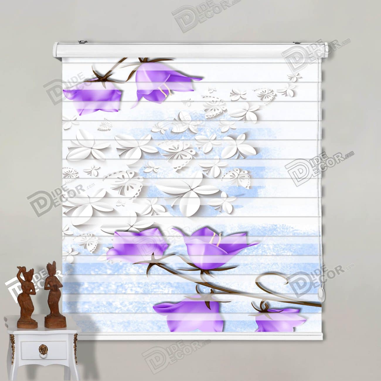 پرده زبرا تصویری کد 3df-040 - گل بنفشه سه بعدی پروانه کاغذی با رنگ بنفش سفید.