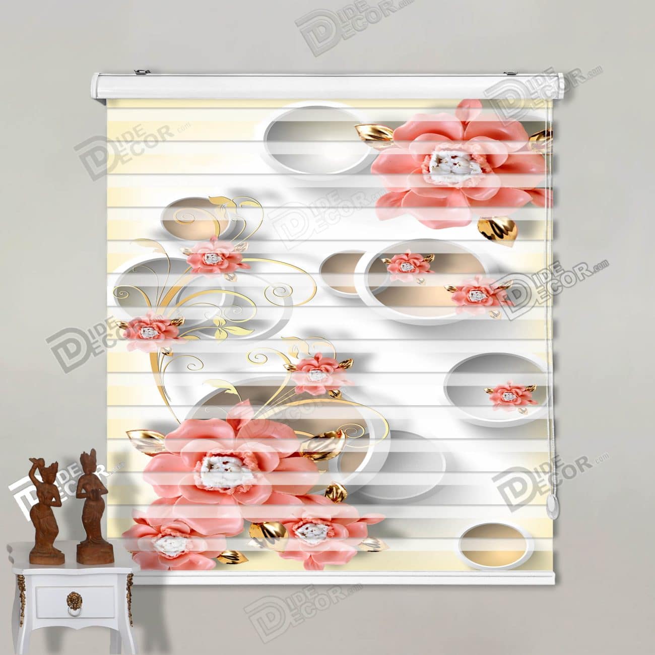 پرده زبرا تصویری کد 3df-078 - گل رز مرجانی برگ طلایی و اشکال دایره ای.