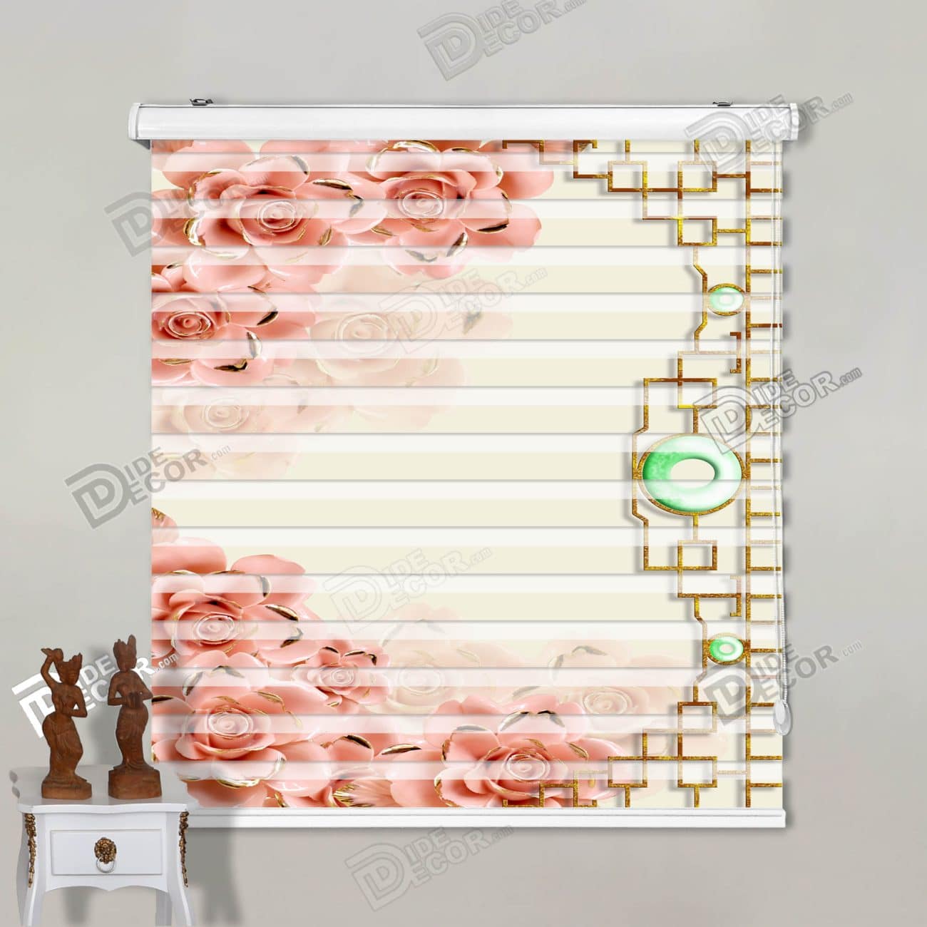 پرده زبرا تصویری کد 3df-088 - گل رز هندسی با دایره تزئینی صورتی طلایی.