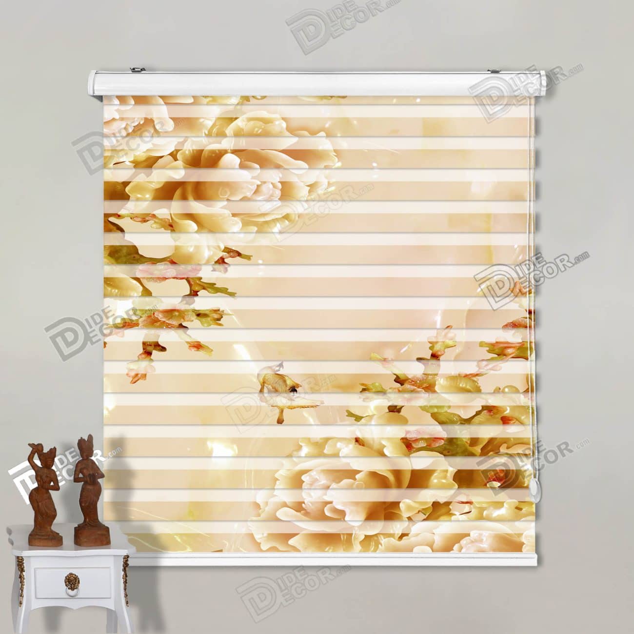 پرده زبرا تصویری کد 3df-092 - نمایش گل رز شکوفه بهاری با رنگ کرم و طلایی در طراحی لطیف داخلی.