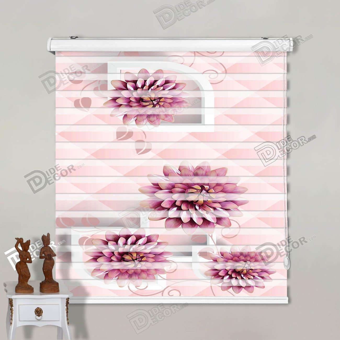پرده زبرا تصویری کد 3df-095 - پرده زبرا با گل دالیا پنجره داخلی با رنگ صورتی و سفید برای دکوراسیون مدرن خانه.