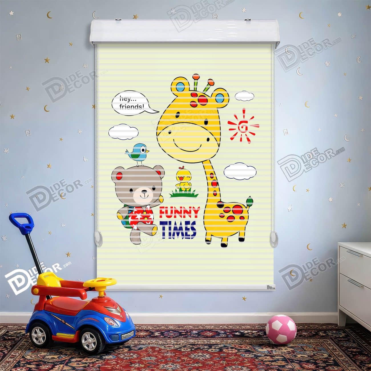 پرده زبرا دومکانیزم طرح کودک کد kd-095 - زرافه و خرس با رنگ‌های زرد و آبی.