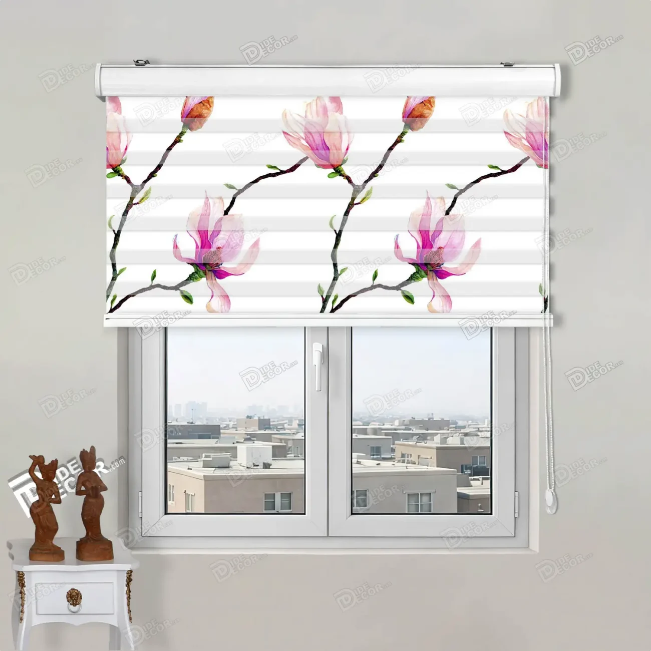 پرده زبرا چاپی کد pt017 با طرح زیبای شاخه گلهای ماگنولیای صورتی و سفید، مناسب برای دکوراسیون شیک