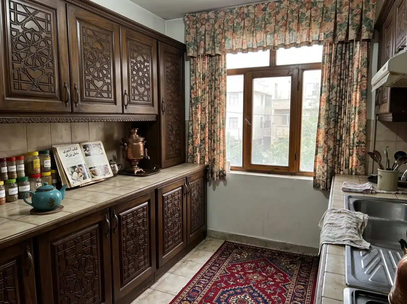 آشپزخانه سنتی ایرانی با کابینت چوبی منبت کاری شده و پرده پارچه ای گلدار پنجره